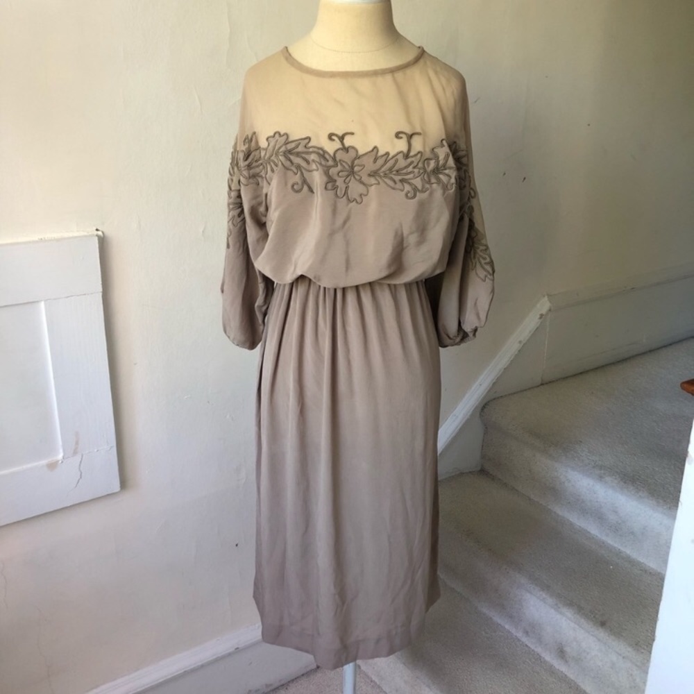 Jack Bryan Vintage Illusion Neck Floral Embroidered 3/4 Sleeve Blouson Dress 6